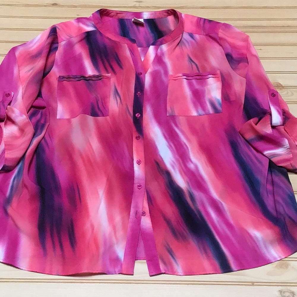 Abstract Art Print Pink Purple Coral Navy Blue 3/4 Sleeve Blouse 3X